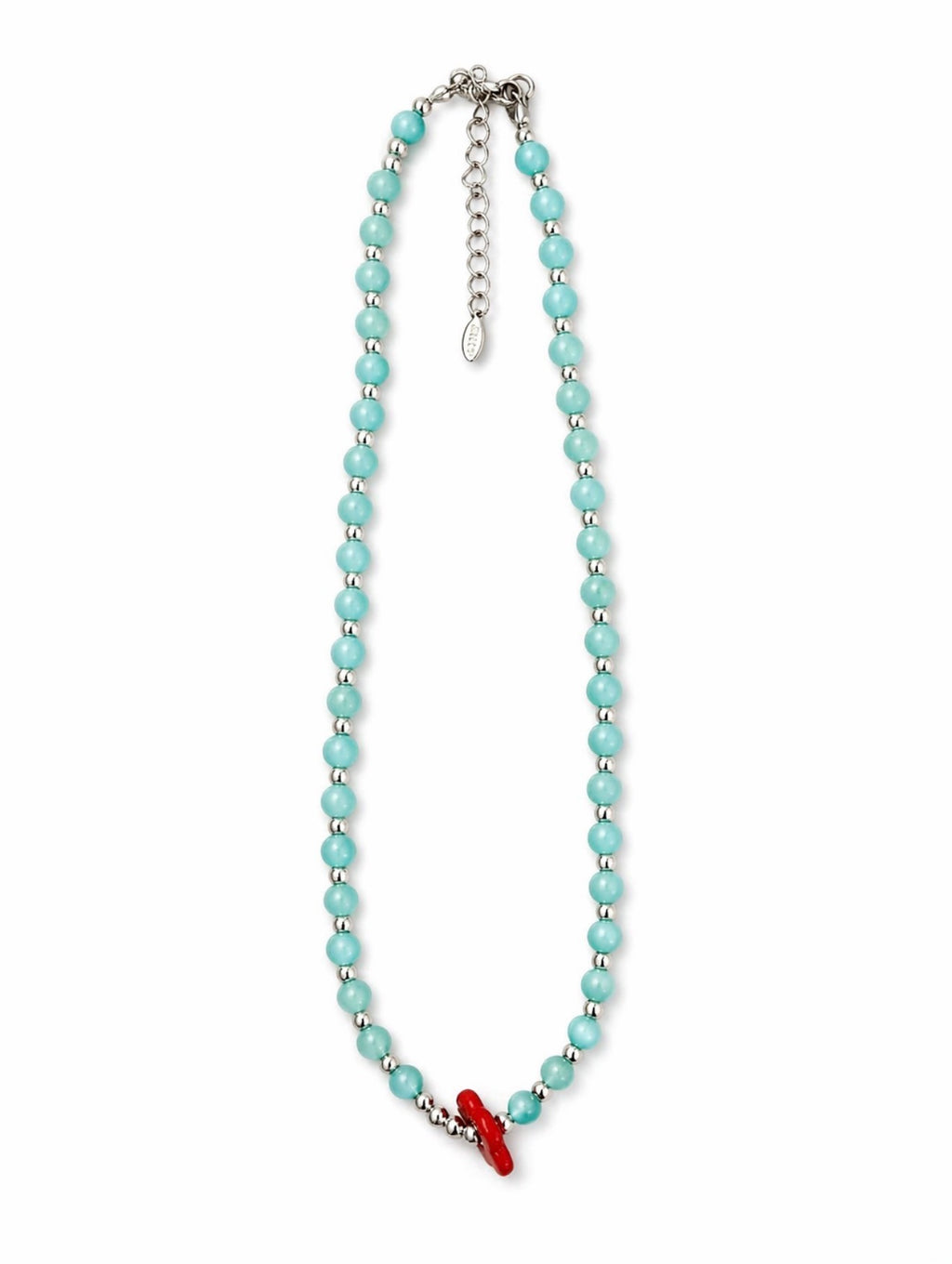 Turquoise-Inspired Beaded Necklace with Red Floral