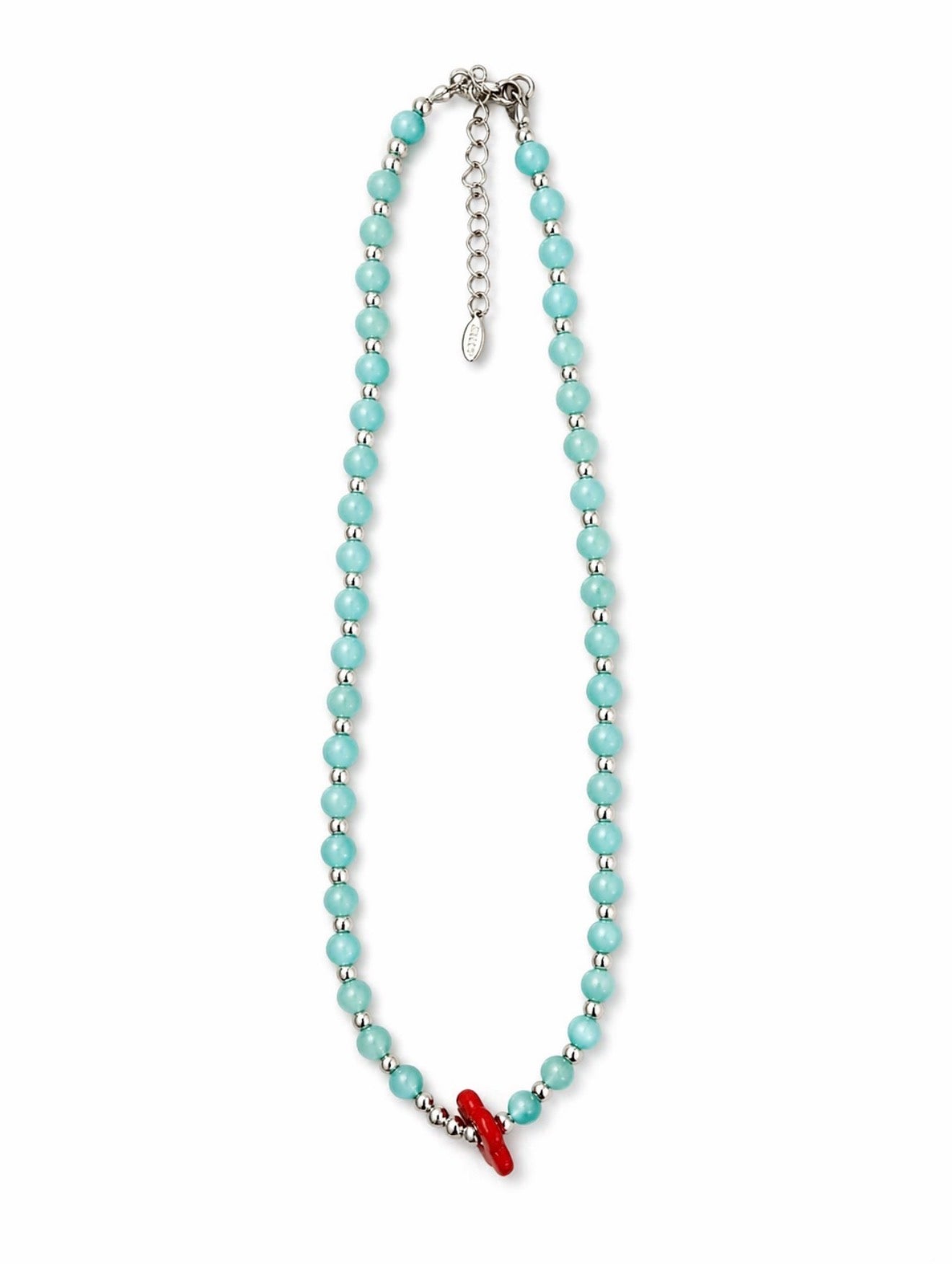 Turquoise-Inspired Beaded Necklace with Red Floral