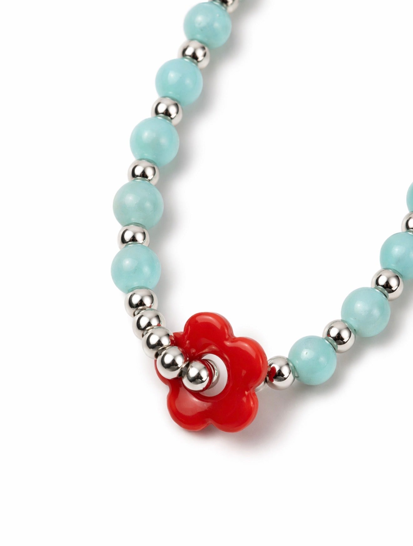 Turquoise-Inspired Beaded Necklace with Red Floral