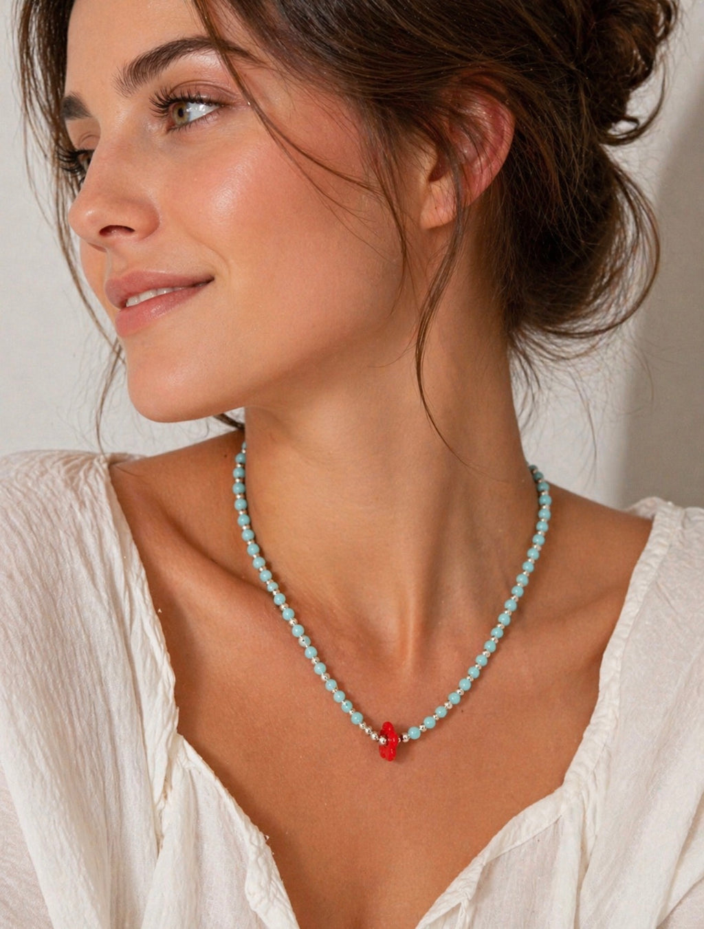 Turquoise-Inspired Beaded Necklace with Red Floral