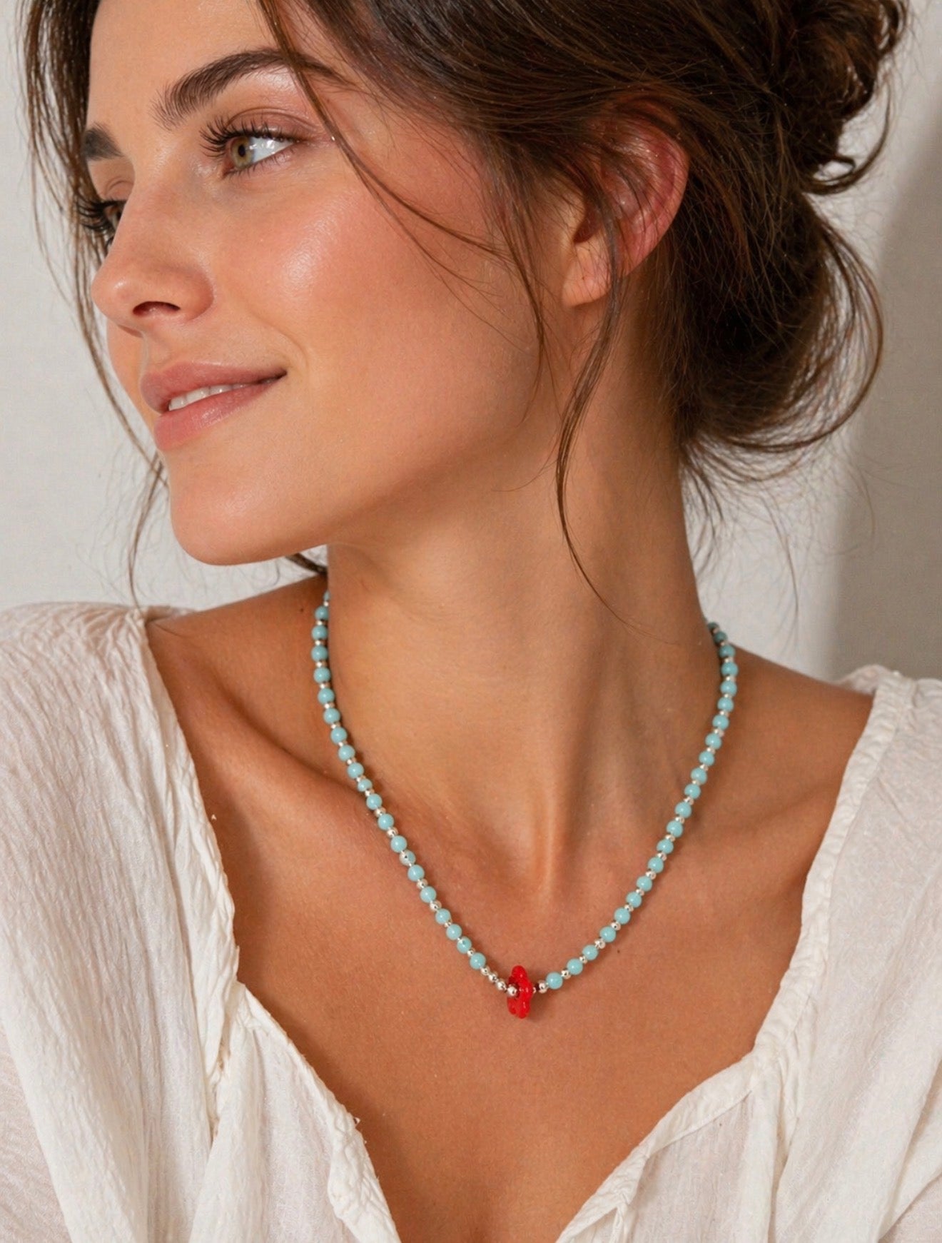 Turquoise-Inspired Beaded Necklace with Red Floral
