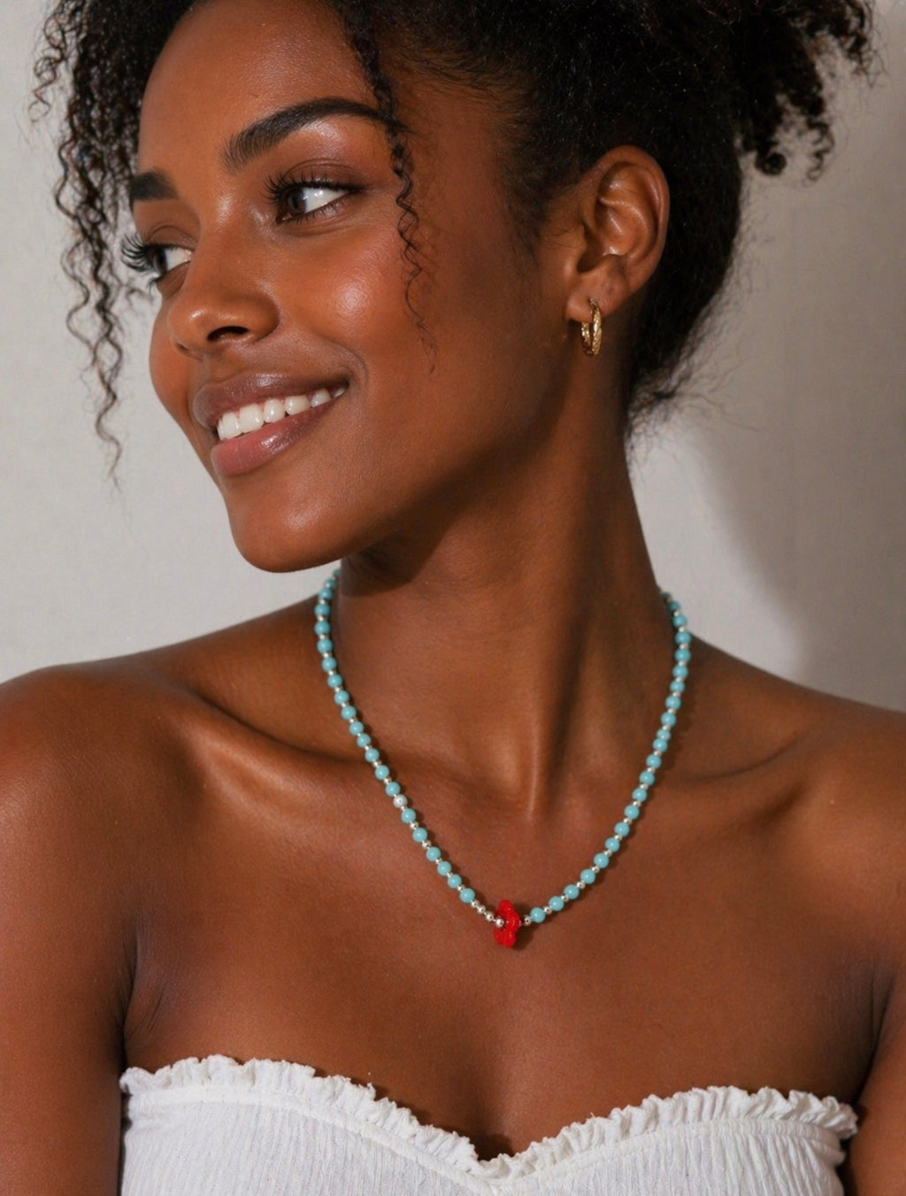 Turquoise-Inspired Beaded Necklace with Red Floral