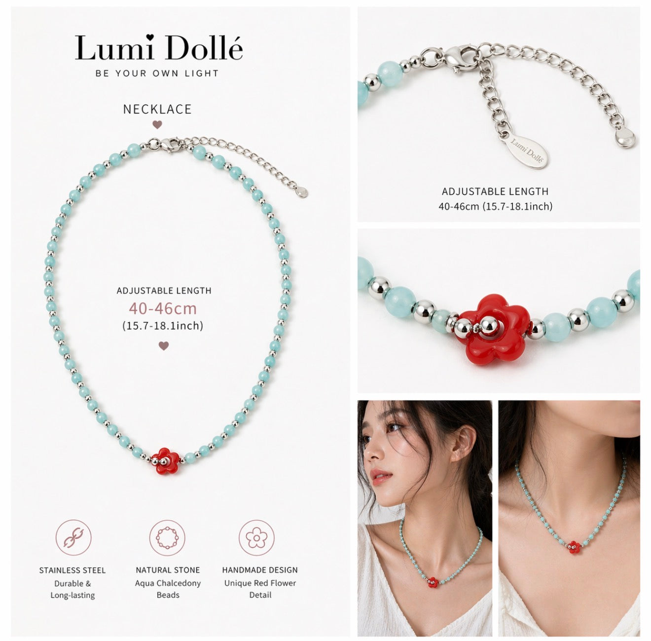 Turquoise-Inspired Beaded Necklace with Red Floral