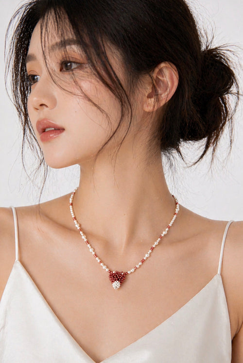 Handcrafted Red Beaded Mushroom Pendant Necklace