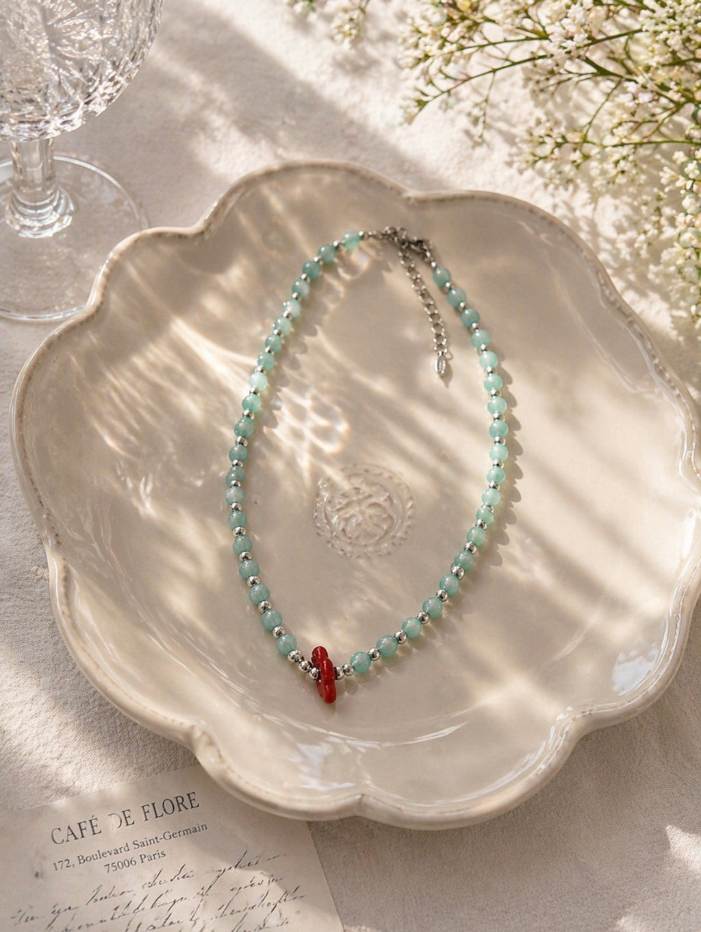 Turquoise-Inspired Beaded Necklace with Red Floral