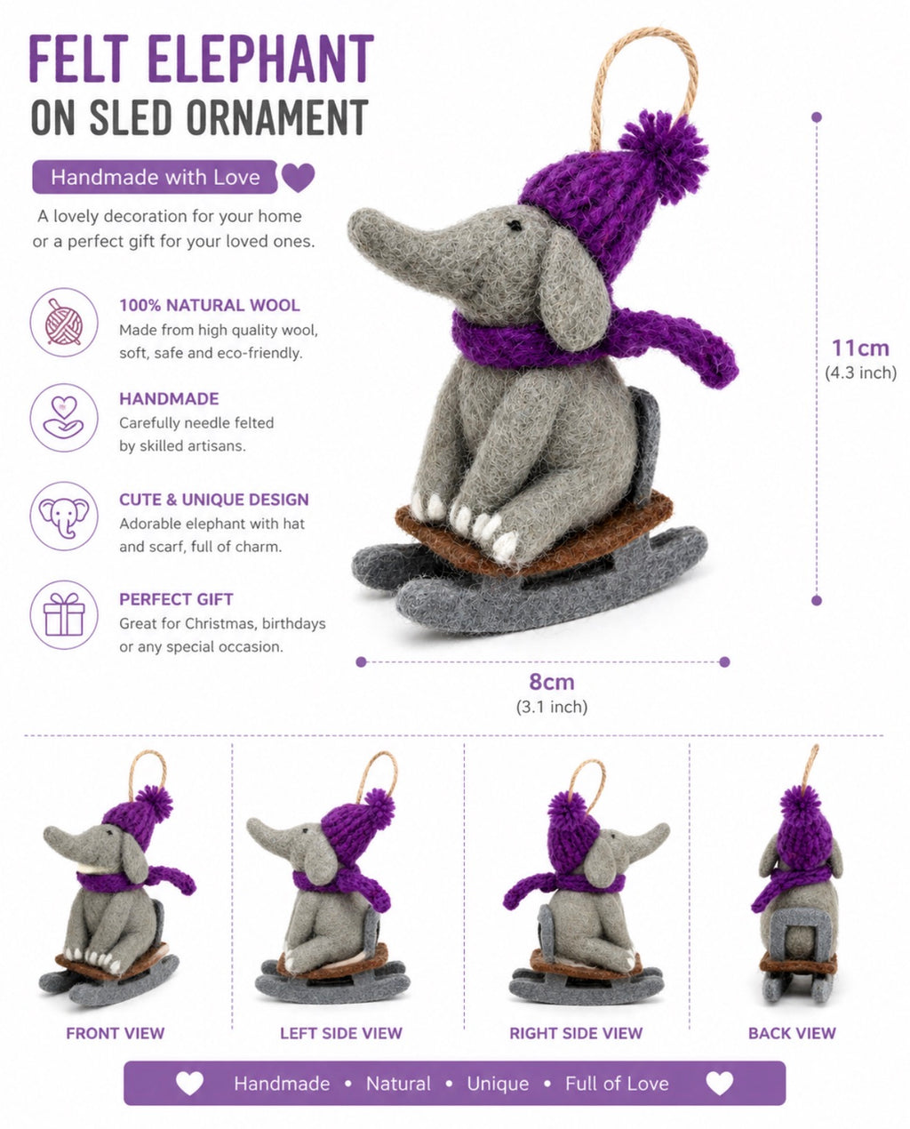 Handmade Wool Elephant Sled Ornament
