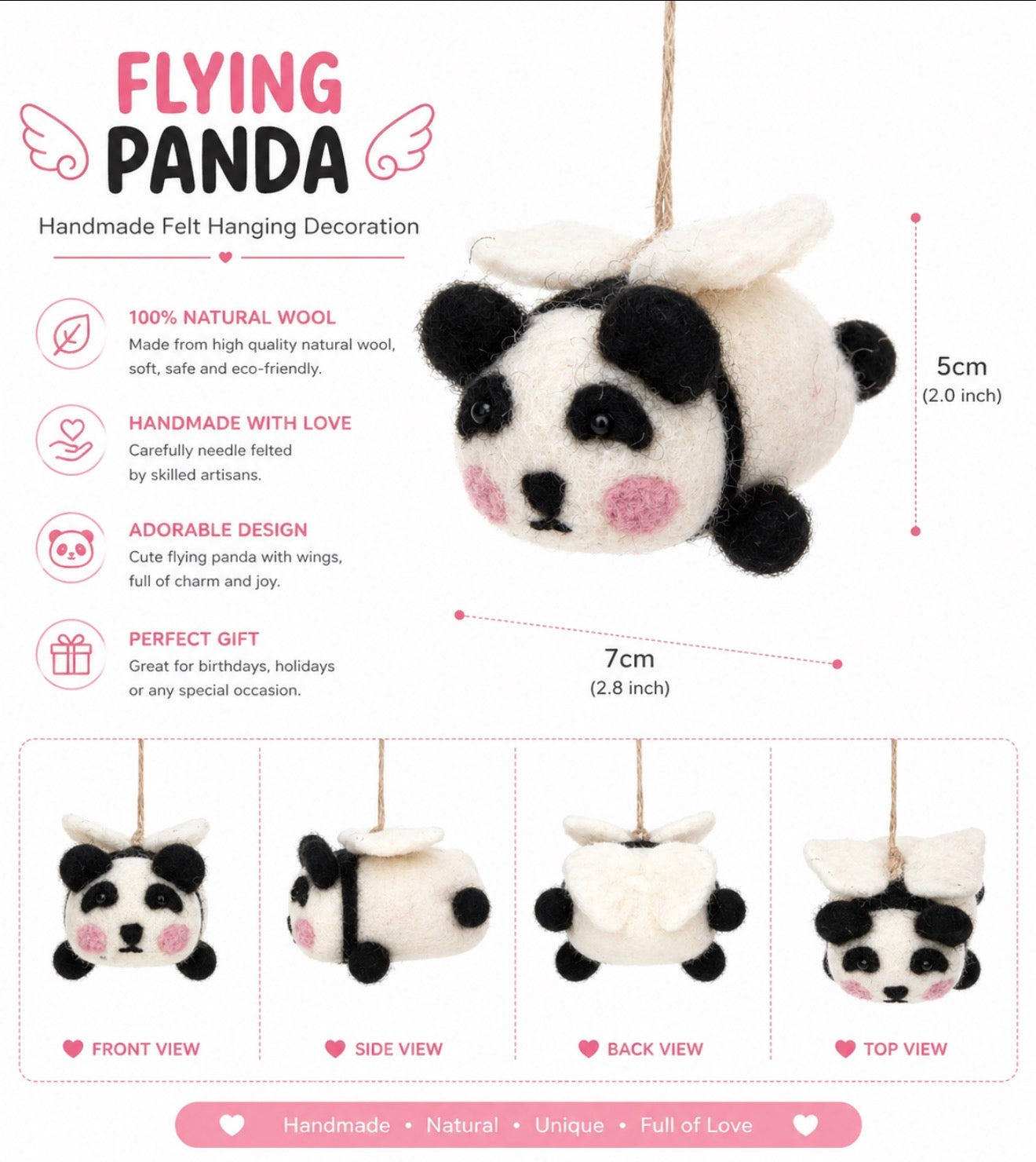 Flying Panda Handmade Felt Hanging Decoration