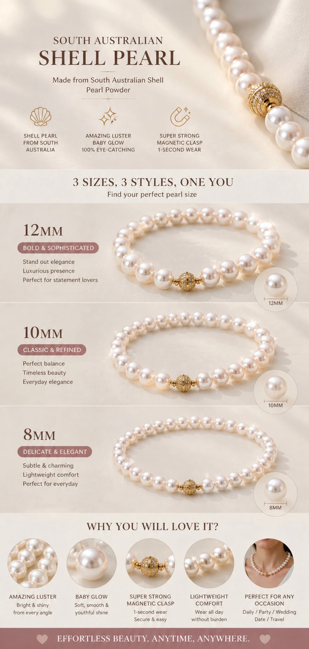 Magnetic Clasp Pearl Necklace – South Australian Mother-of-Pearl, 1-Second Wear