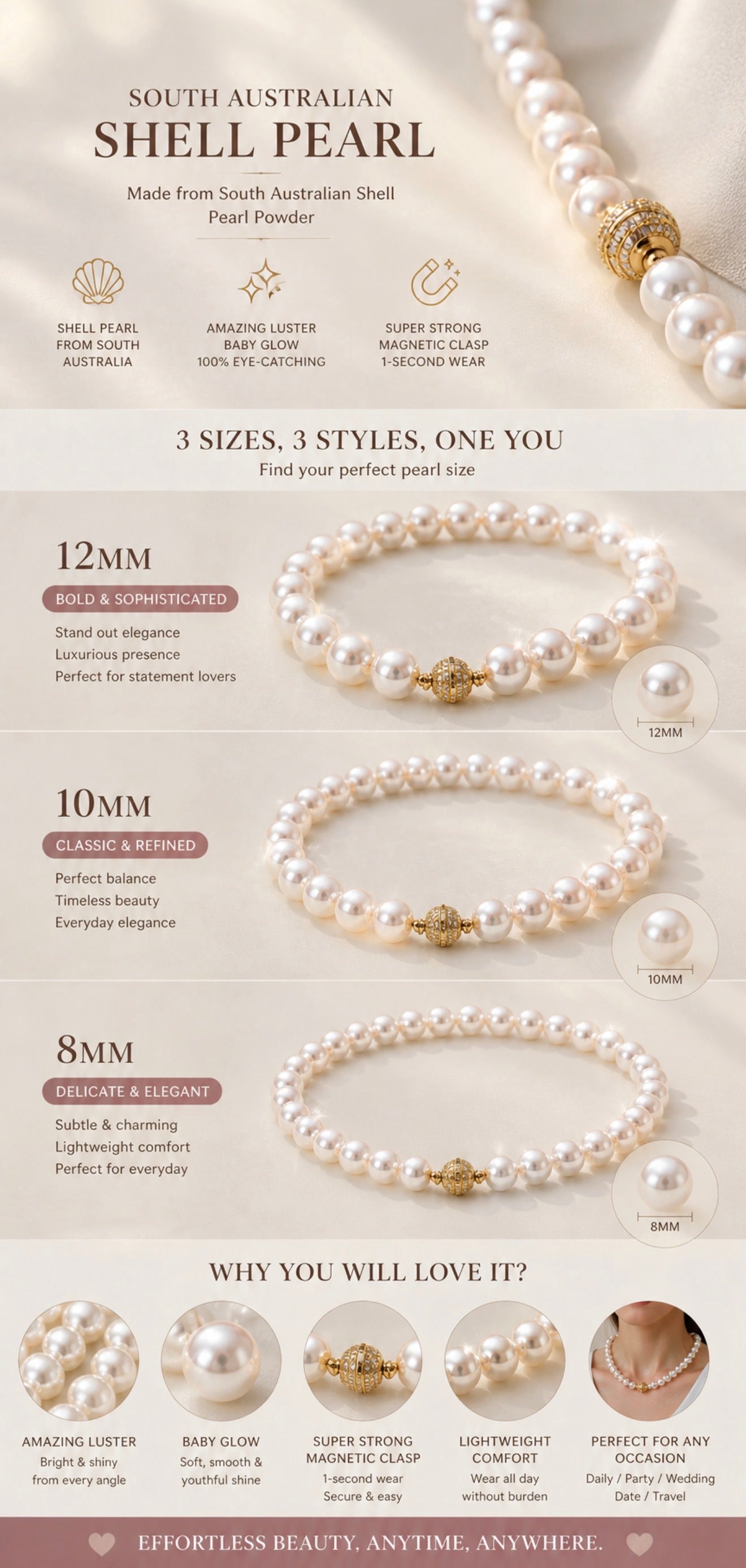 Magnetic Clasp Pearl Necklace – South Australian Mother-of-Pearl, 1-Second Wear